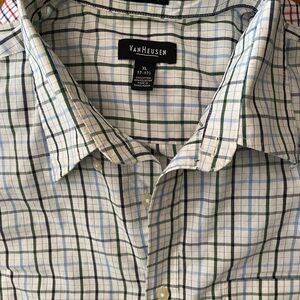 Van Heusen Men's White Plaid Button-Down Shirt with Blue & Green Stripes XL